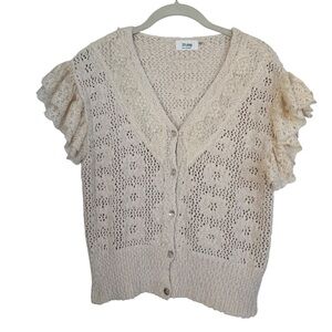 Bluivy Cream Lace Knit Ruffle Short Sleeve Cardigan Sz Large